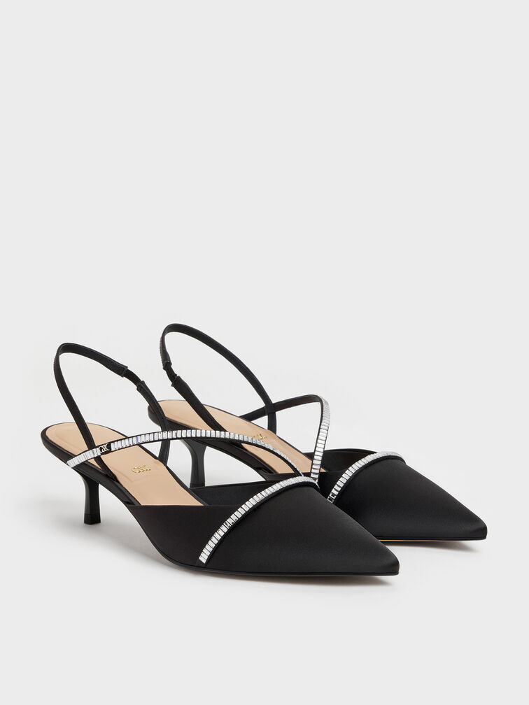 Gem Slingback Kitten Heels, Black Textured, hi-res