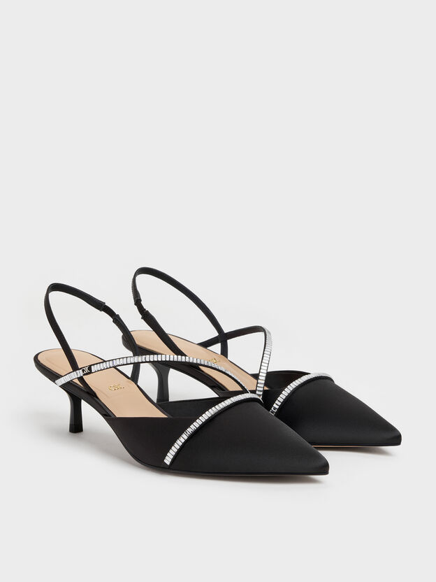 Gem Slingback Kitten Heels, Black Textured, hi-res