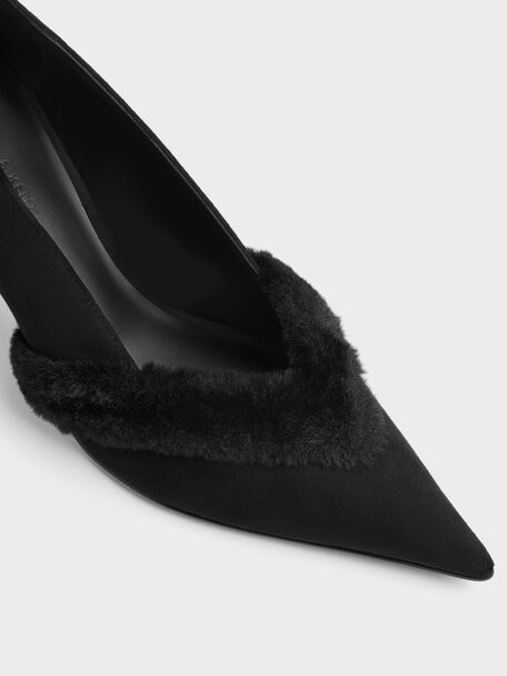 Emila Faux Suede Fur-Trim Pointed Pumps, Black Textured, hi-res