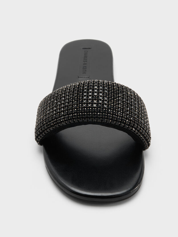 Faux Suede Crystal Slide Sandals, Black Textured, hi-res