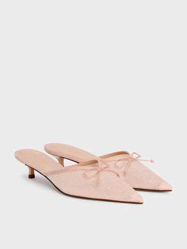 Glittered Mesh Bow Kitten Heels, Pink, hi-res
