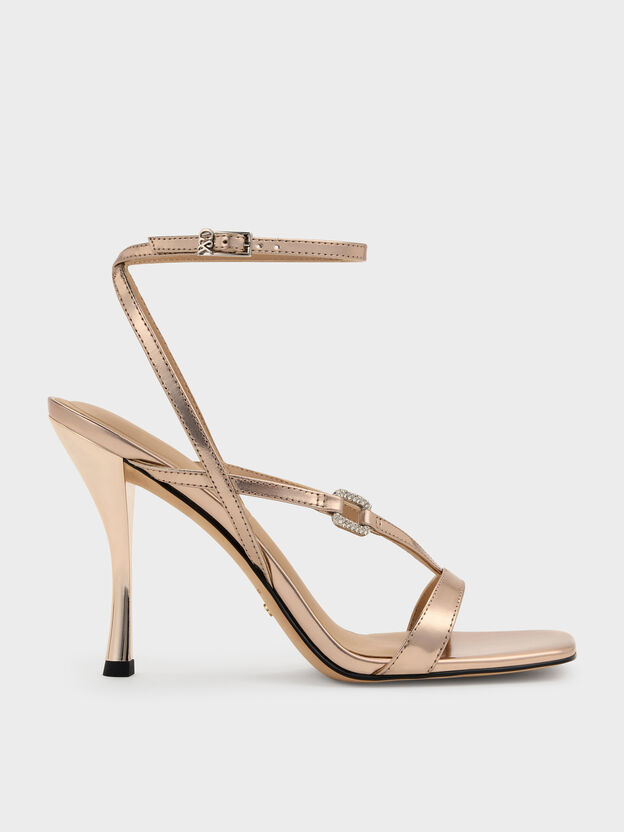 Metallic Leather Crystal-Buckle Ankle-Strap Heels, Bronze, hi-res