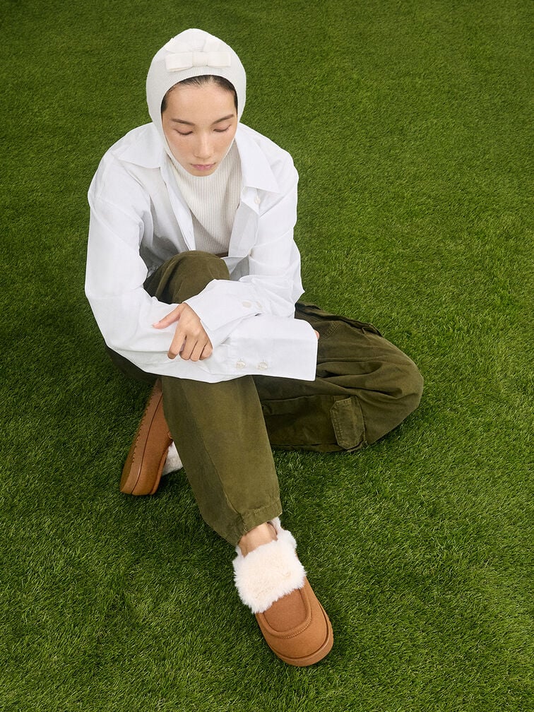 Textured Fur-Trim Flatform Mules, Brown, hi-res