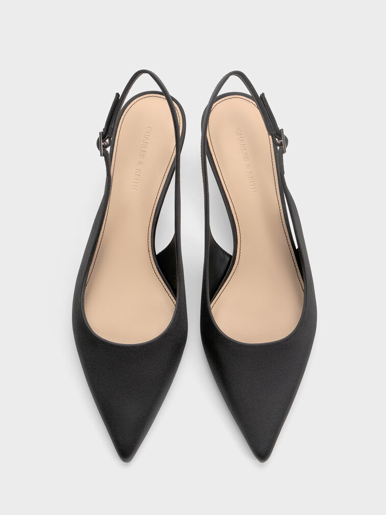 Satin Pointed-Toe Crystal-Heel Slingback Pumps, Black Textured, hi-res