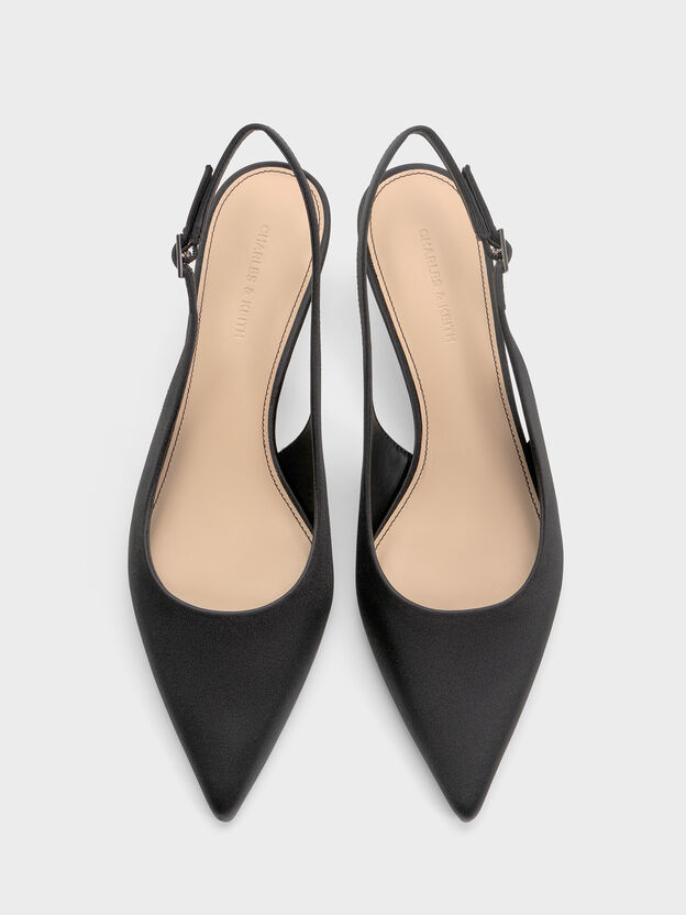 Pointed Crystal-Heel Slingback Pumps, Black Textured, hi-res