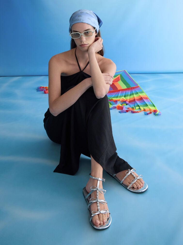 Metallic Gem-Embellished Bow T-Bar Sandals, Silver, hi-res