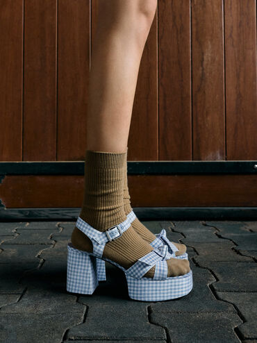 Anika Gingham Knot-Bow Platform Sandals, Light Blue, hi-res