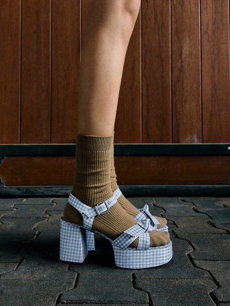 Anika Gingham Knot-Bow Platform Sandals, Light Blue, hi-res