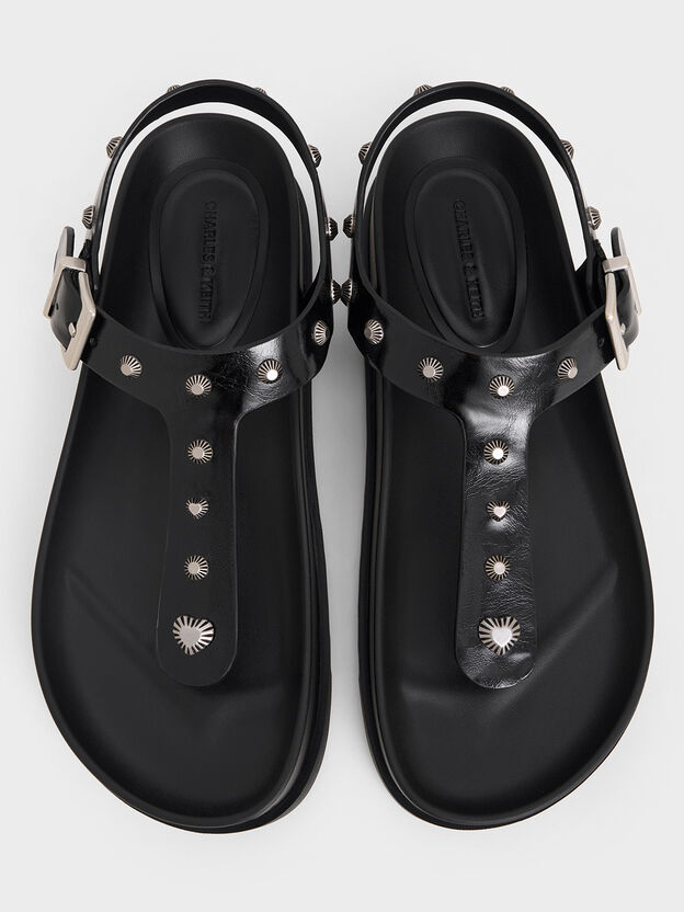 Studded Heart-Embellished Thong Sandals, Black, hi-res