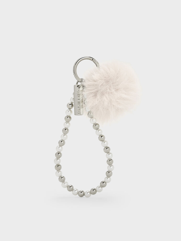 Pearl Beaded-Strap Furry Ball Charm, Cream, hi-res