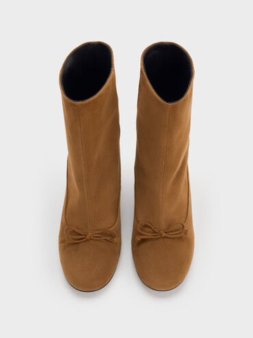 Aretha Suede Bow Kitten-Heel Calf Boots, Brown, hi-res