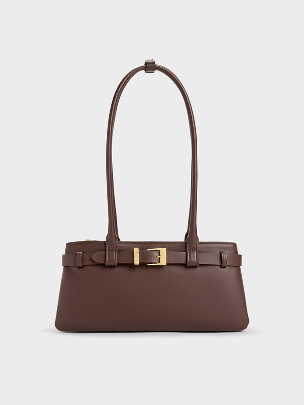 Jody Leather Belted Shoulder Bag, Dark Brown, hi-res