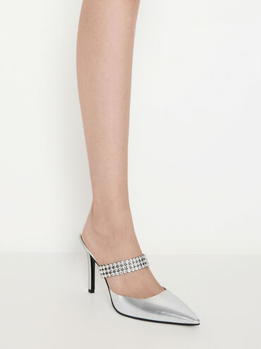 Patent Crystal-Embellished Heeled Mules, Silver, hi-res