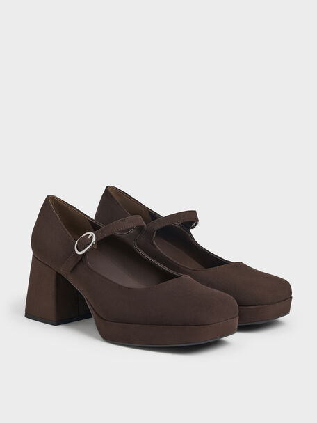 Faux Suede Platform Mary Jane Pumps, Dark Brown Textured, hi-res