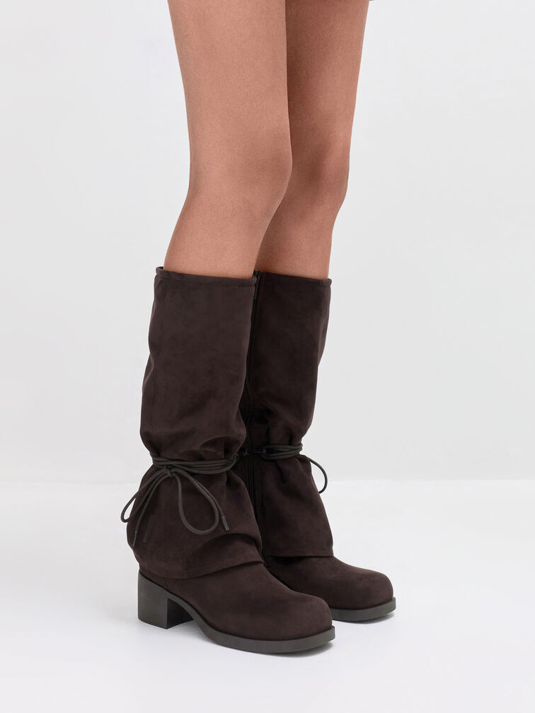 Faux Suede Tie-Around Knee-High Boots, Dark Brown Textured, hi-res