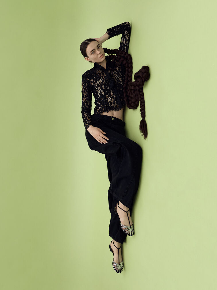 Jaylene Gem Caged Sandals, Black Textured, hi-res