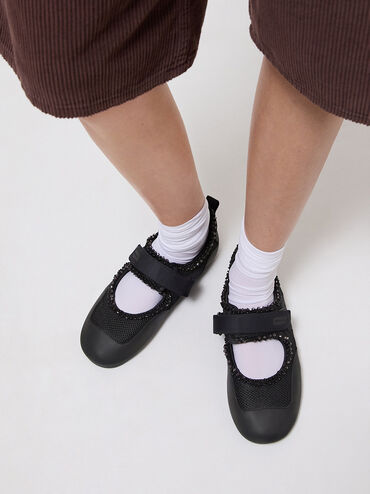 Mesh Pearl-Embellished Mary Jane Sneakers, Black Textured, hi-res