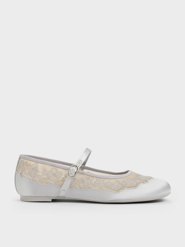 Satin Embroidered-Mesh Mary Jane Flats, Silver, hi-res