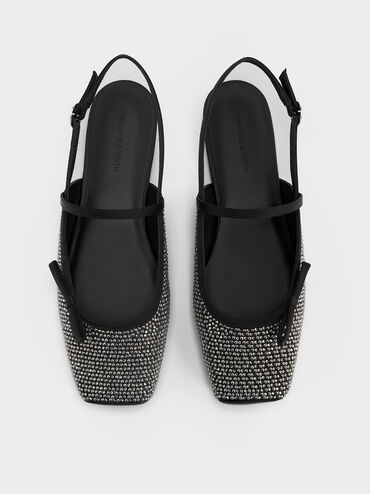 Crystal-Embellished Bow Slingback Mary Jane Flats, Black Textured, hi-res