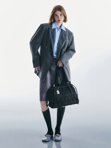 Klio Nylon Ruched Tote Bag, Noir, hi-res