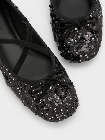 Sequinned Crossover Mary Jane Flats, Black Textured, hi-res