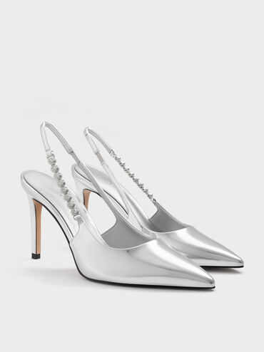 Flores Metallic Gem-Strap Slingback Pumps, Silver, hi-res