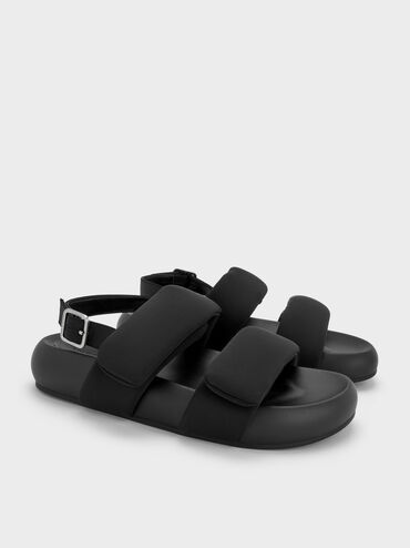 Recycled Polyester Double-Strap Slingback Sandals, Black Textured, hi-res