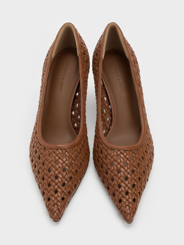 Woven Pointed Stiletto Pumps, Brown, hi-res