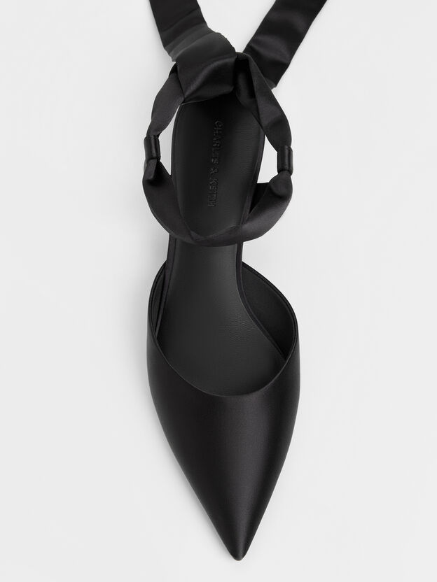 Satin Tie-Around Pointed Kitten Heels, Black Textured, hi-res
