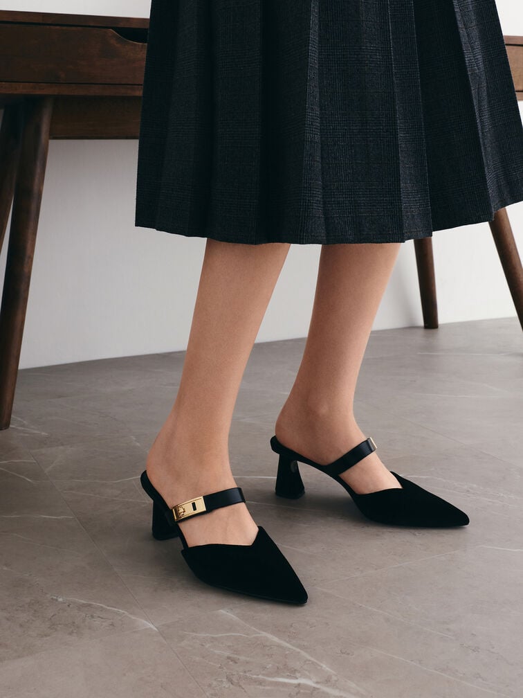 Lando Velvet Pointed-Toe Metallic-Buckle Heeled Mules, Black Textured, hi-res