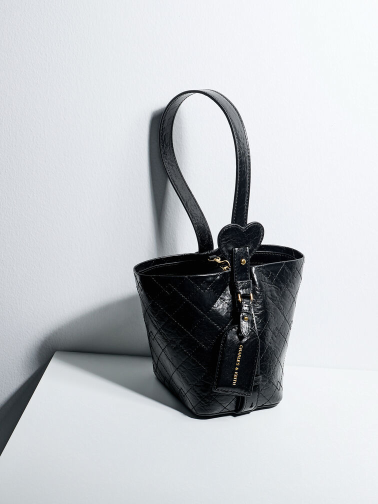Duo Quilted Chain Bucket Bag, Black, hi-res