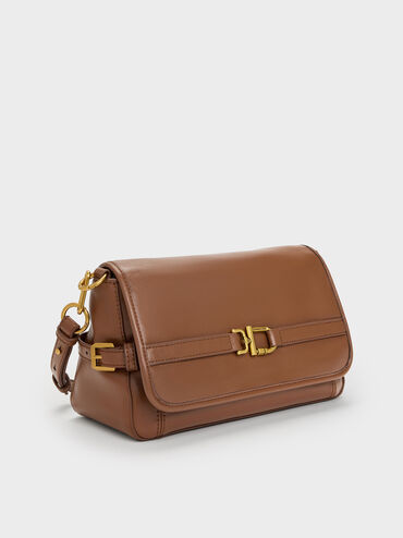 Gwynne Metallic-Buckle Belted Shoulder Bag, Chocolate, hi-res