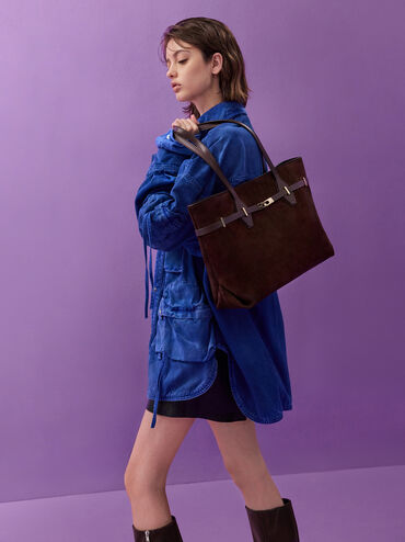 Arlet Double-Handle Belted Tote Bag, Espresso Brown, hi-res