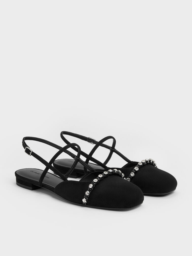 Faux Suede Crystal Mary Jane Slingback Flats, Black Textured, hi-res