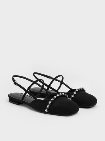 Faux Suede Crystal Mary Jane Slingback Flats, Black Textured, hi-res