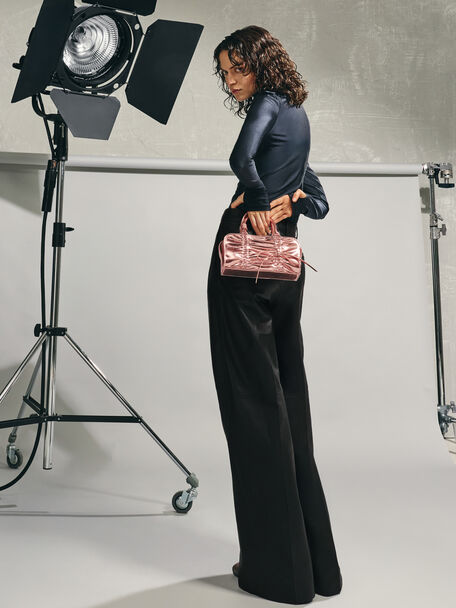 Kadee Metallic Ruched Bow-Charm Bowling Bag, Aura Pink, hi-res