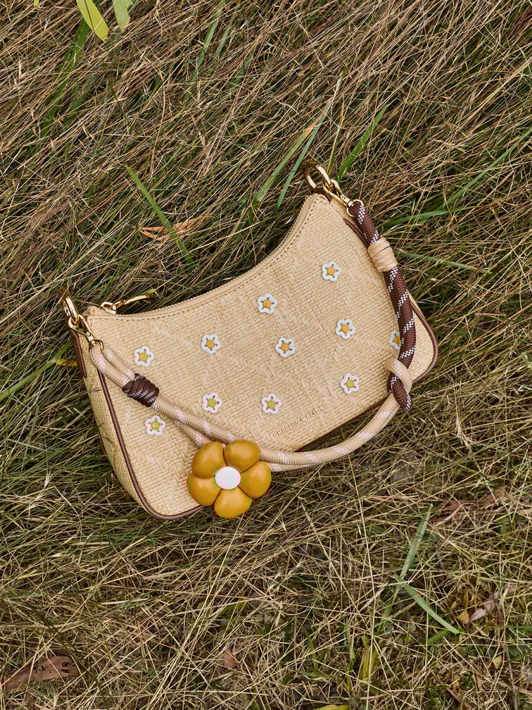 Philomena Raffia Flower Crossbody Bag, Beige, hi-res