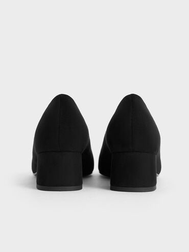 Faux Suede Round-Toe Block-Heel Pumps, Black Textured, hi-res