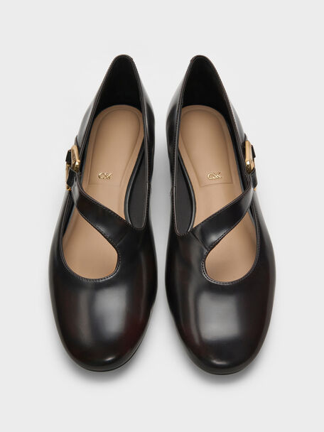 Daena Leather Asymmetric-Strap Mary Janes, Dark Brown, hi-res