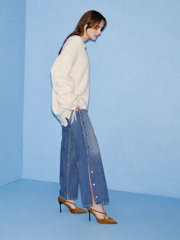 Kyra Suede Crossover-Strap Stiletto-Heel Mules, Brown, hi-res