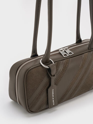 Zeya Recycled Suede Striped Shoulder Bag, Dark Moss, hi-res