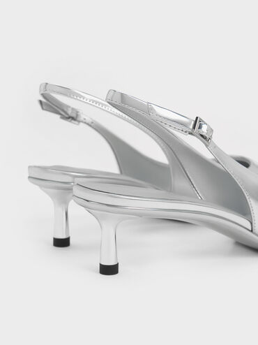 Curtis Metallic Pointed-Toe Kitten-Heel Slingback Pumps, Silver, hi-res