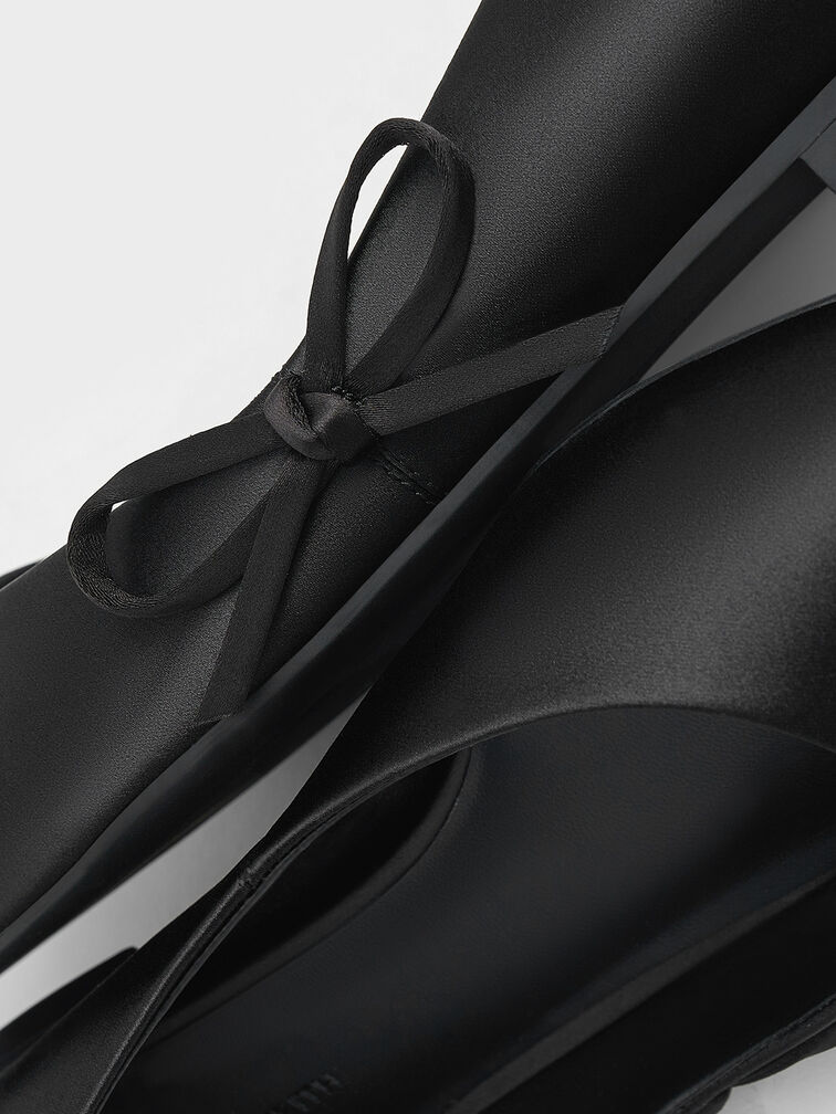 Satin Bow Pointed-Toe Flats, Black Textured, hi-res