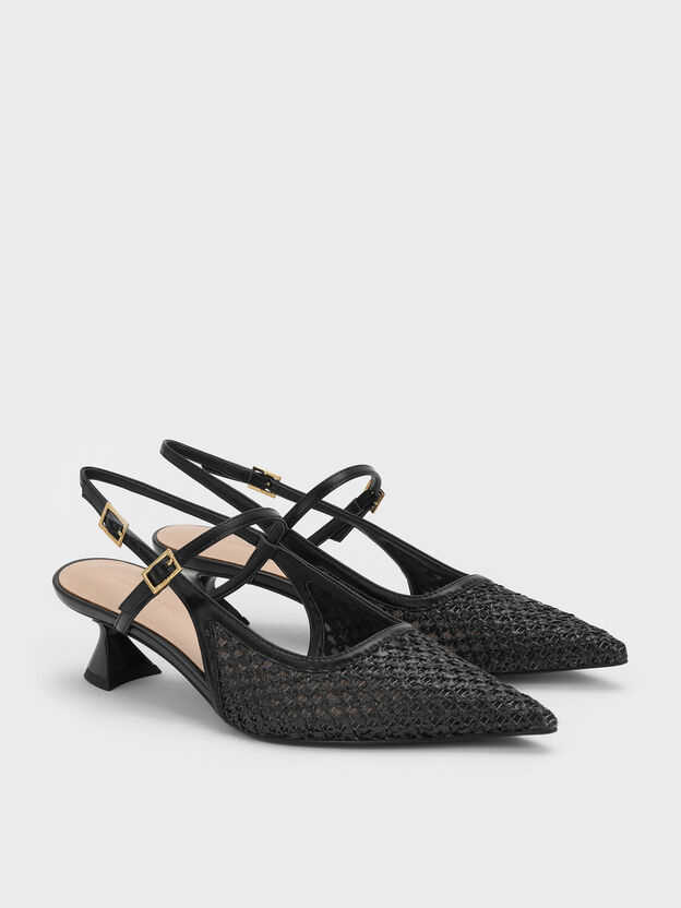 Raffia Sculptural-Heel Slingback Pumps, Black Textured, hi-res