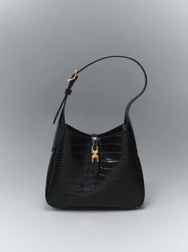 Mini Adalyn Croc-Effect Hobo Bag, Black Croco, hi-res