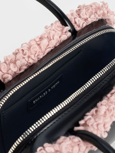 Fur-Trim Elongated-Handle Shoulder Bag, Pink, hi-res