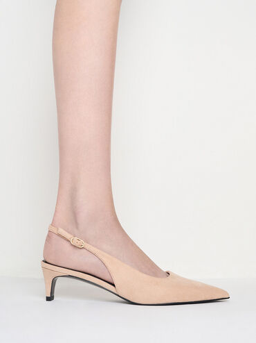 Faux Suede Pointed-Toe Kitten-Heel Slingback Pumps, Nude, hi-res