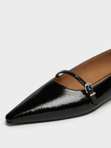 Crinkle-Effect Pointed Ballet Flats, Black, hi-res
