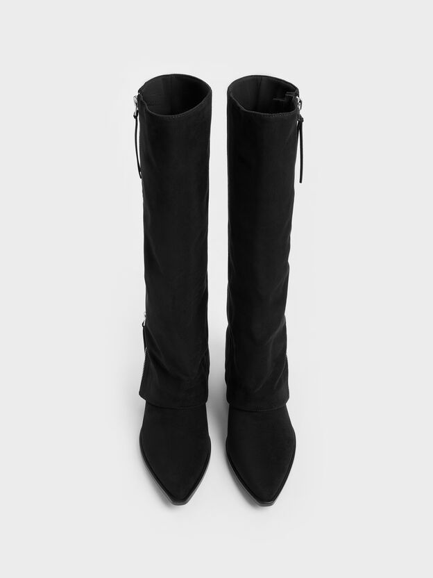 Aether Faux Suede Tassel-Zip Knee-High Boots, Black Textured, hi-res