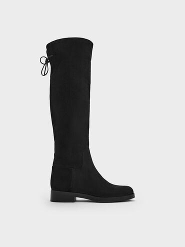 Faux Suede Fold-Over Back-Tie Thigh-High Boots, Black Textured, hi-res